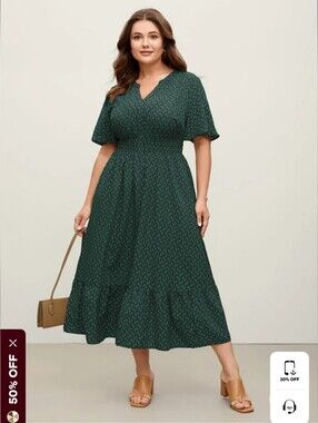 BloomChic Plus Size 22/24: Forest Green V-Neck Smocked Midi Dress NWOT